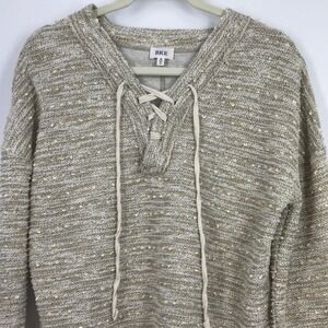 BKE Y2K Vibe Lace-Up V-Neck Knit Hoodie Sweater Pullover Gray Beige Women M